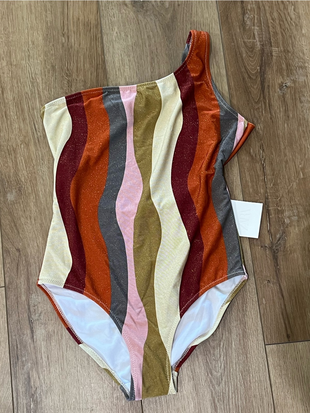 ZARA Girls Wavy Stripe One shoulder One Piece Swimsuit  in Rust, Pink & Gold NWT